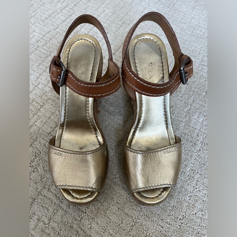 Prada Metallic Gold and Brown Sandals